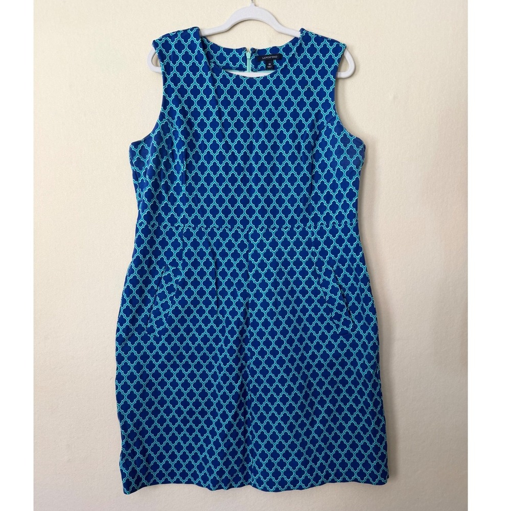 Lands End Womens Size 18 Blue Teal Geometric Quatrefoil Sleeveless Pockets Dress